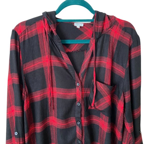Bootlegger Women's Kismet Red and Black Plaid Hooded Button-Up Shirt Size XL - Picture 3 of 9